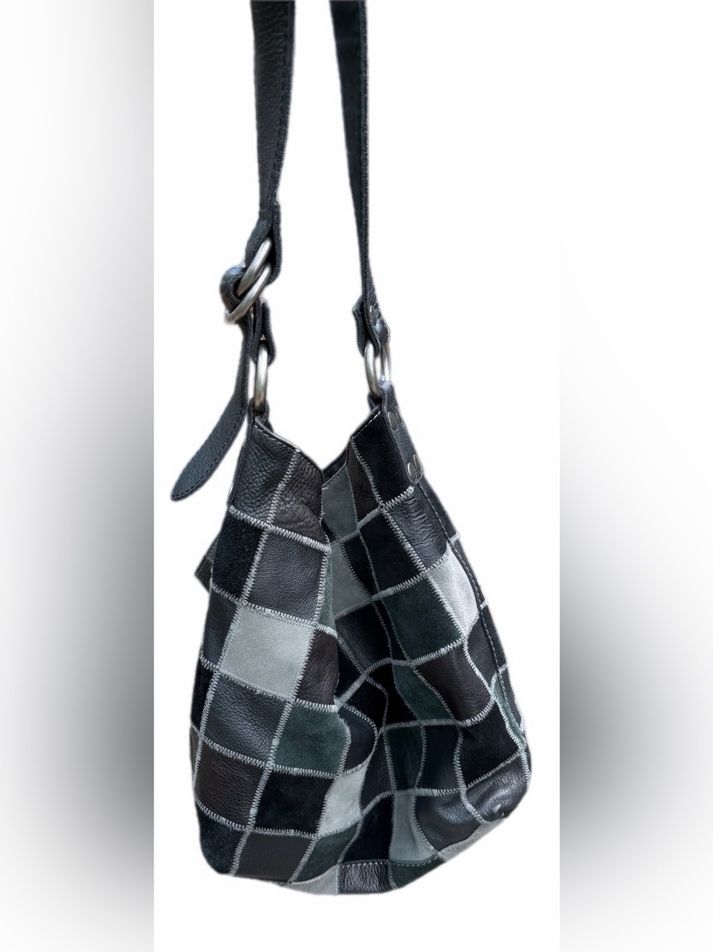 Lucky Brand Black Gray Patchwork Leather Suede Hobo Shoulder Bag Boho Y2K - Picture 3 of 13